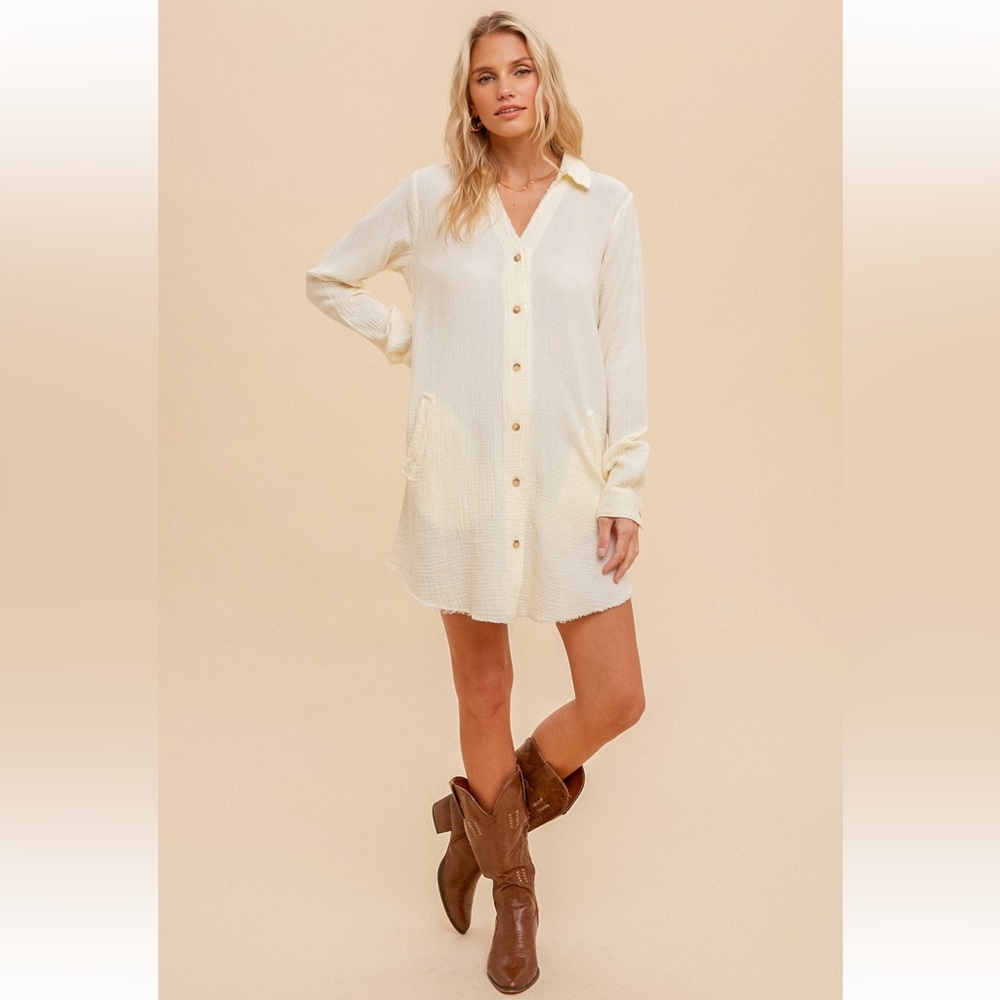 Cotton Dress Washed Textured Gauze Tunic Dress Cream/Pale Yellow